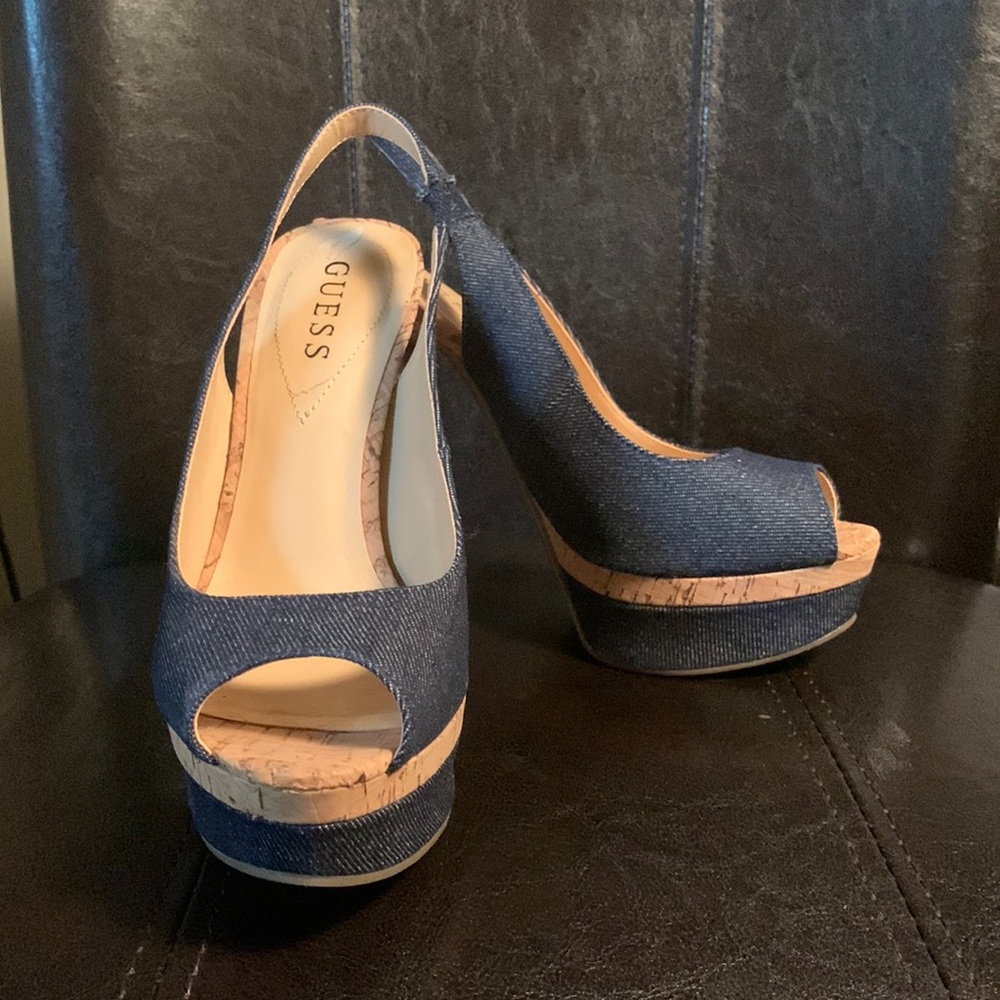 Guess Denim Peep Toes with Cork Platform Heels